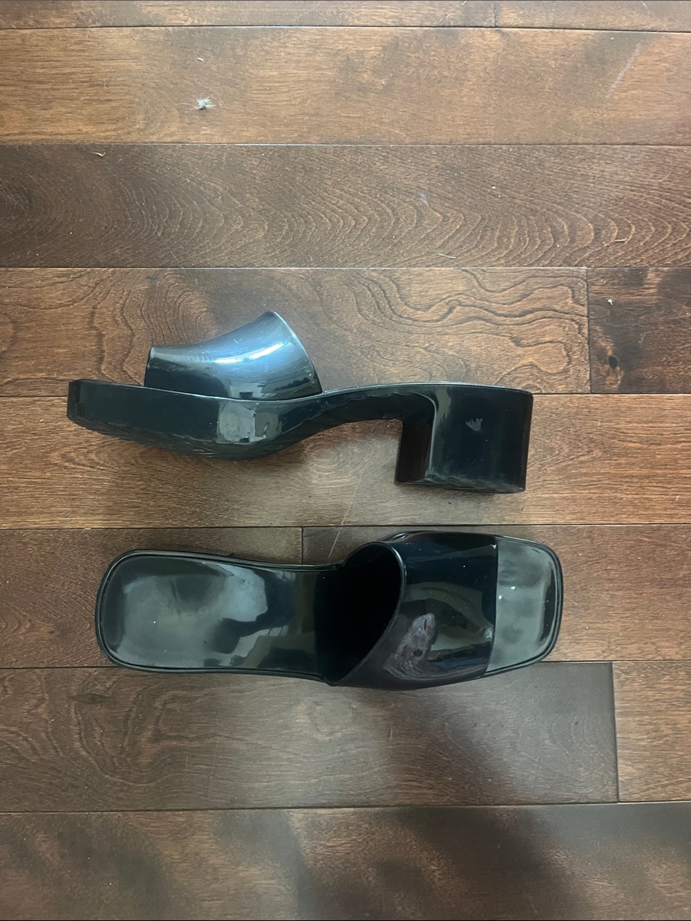 Black Gloss Slide Sandal with Block Heel